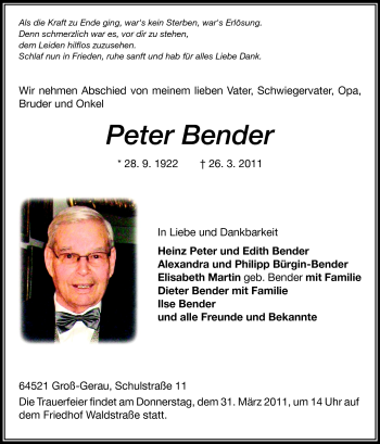 Traueranzeige von Peter Bender von Rüsselsheimer Echo, Groß-Gerauer-Echo, Ried Echo