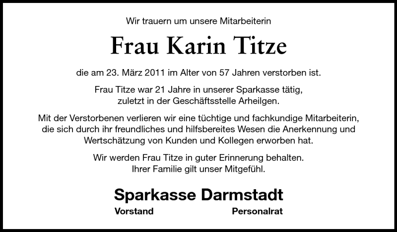  Traueranzeige für Karin Titze vom 29.03.2011 aus Echo-Zeitungen (Gesamtausgabe)