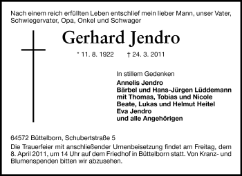 Traueranzeige von Gerhard Jendro von Rüsselsheimer Echo, Groß-Gerauer-Echo, Ried Echo