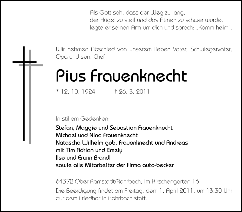 Traueranzeige für Pius Frauenknecht vom 30.03.2011 aus Echo-Zeitungen (Gesamtausgabe)