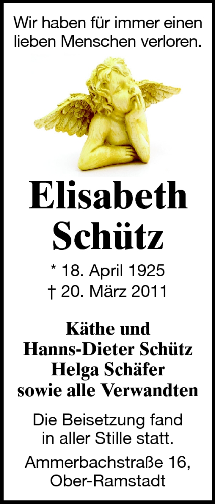  Traueranzeige für Elisabeth Schütz vom 02.04.2011 aus Echo-Zeitungen (Gesamtausgabe)