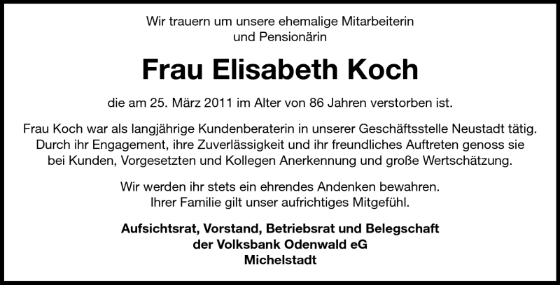  Traueranzeige für Elisabeth Koch vom 30.03.2011 aus Odenwälder Echo
