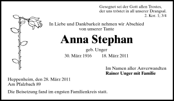 Traueranzeige von Anna Stephan von Echo-Zeitungen (Gesamtausgabe)