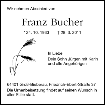 Traueranzeige von Franz Bucher von Darmstädter Echo, Odenwälder Echo, Rüsselsheimer Echo, Groß-Gerauer-Echo, Ried Echo