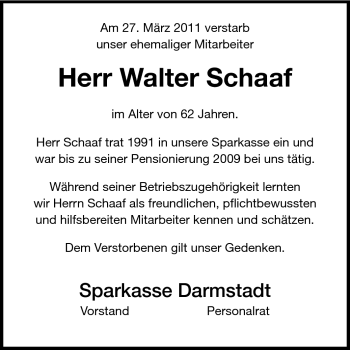 Traueranzeige von Walter Schaaf von Echo-Zeitungen (Gesamtausgabe)