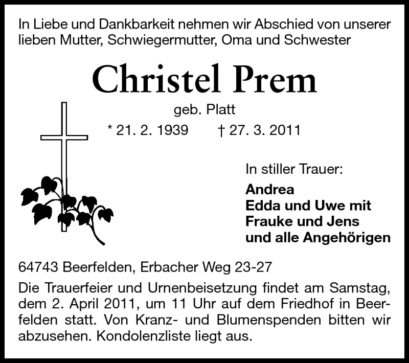  Traueranzeige für Christel Prem vom 31.03.2011 aus Odenwälder Echo