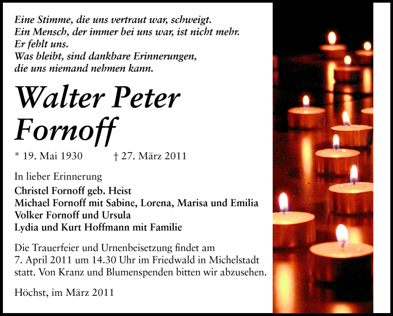  Traueranzeige für Walter Peter Fornoff vom 02.04.2011 aus Odenwälder Echo