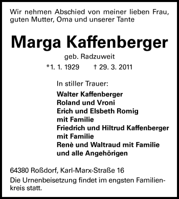 Traueranzeige von Marga Kaffenberger von Echo-Zeitungen (Gesamtausgabe)