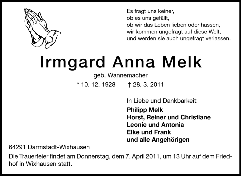  Traueranzeige für Irmgard Anna Melk vom 02.04.2011 aus Echo-Zeitungen (Gesamtausgabe)