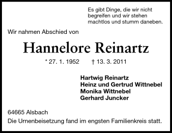 Traueranzeige von Hannelore Reinartz von Echo-Zeitungen (Gesamtausgabe)