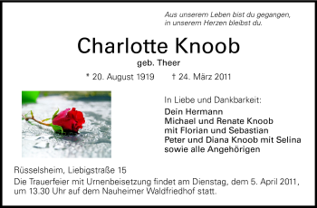 Traueranzeige von Charlotte Knoob von Rüsselsheimer Echo, Groß-Gerauer-Echo, Ried Echo