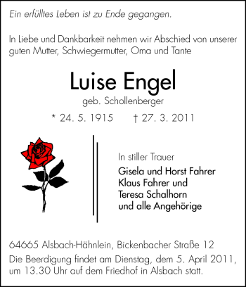 Traueranzeige von Luise Engel von Echo-Zeitungen (Gesamtausgabe)