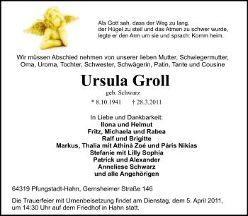Traueranzeige von Ursula Groll von Echo-Zeitungen (Gesamtausgabe)
