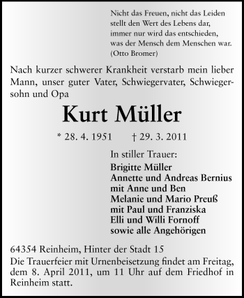 Traueranzeige von Kurt Müller von Darmstädter Echo, Odenwälder Echo, Rüsselsheimer Echo, Groß-Gerauer-Echo, Ried Echo