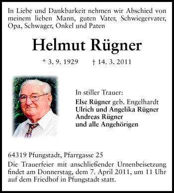 Traueranzeige von Helmut Rügner von Echo-Zeitungen (Gesamtausgabe)
