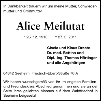 Traueranzeige von Alice Meilutat von Echo-Zeitungen (Gesamtausgabe)