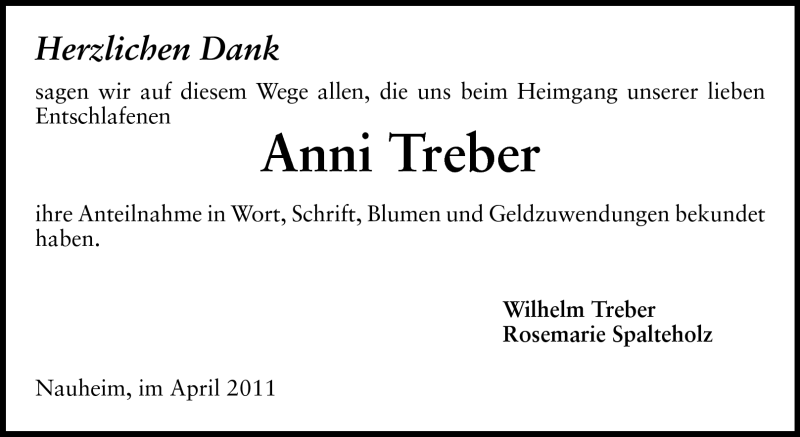  Traueranzeige für Anni Treber vom 01.04.2011 aus Rüsselsheimer Echo, Groß-Gerauer-Echo, Ried Echo