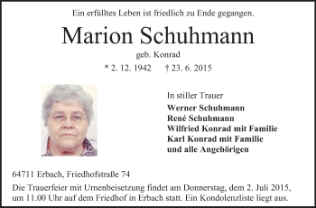 Traueranzeige von Marion Schuhmann von Odenwälder Echo