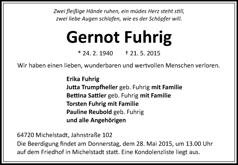  Traueranzeige für Gernot Fuhrig vom 26.05.2015 aus Odenwälder Echo