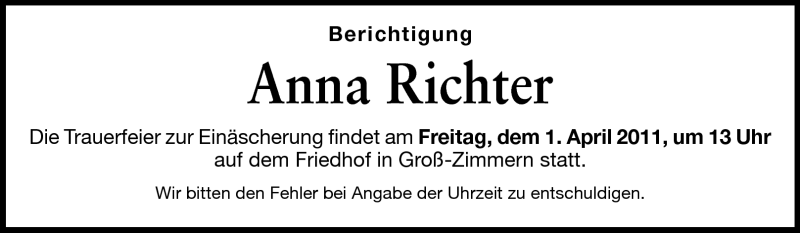 Traueranzeige für Anna Richter vom 01.04.2011 aus Echo-Zeitungen (Gesamtausgabe)