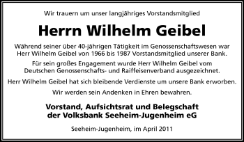 Traueranzeige von Wilhelm Geibel von Echo-Zeitungen (Gesamtausgabe)
