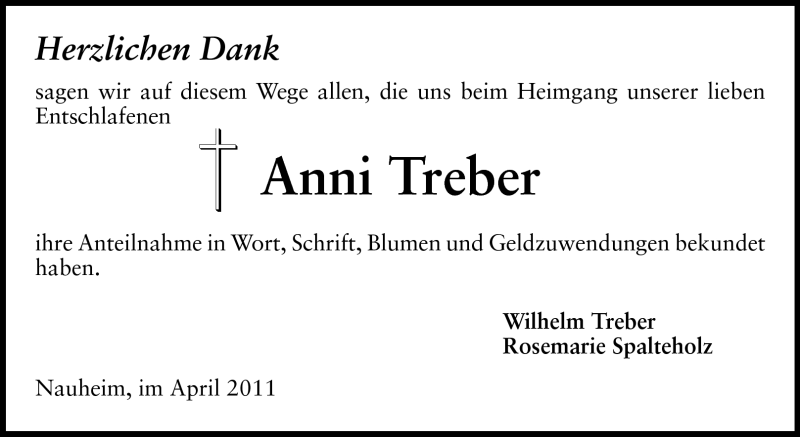 Traueranzeige für Anni Treber vom 02.04.2011 aus Rüsselsheimer Echo, Groß-Gerauer-Echo, Ried Echo