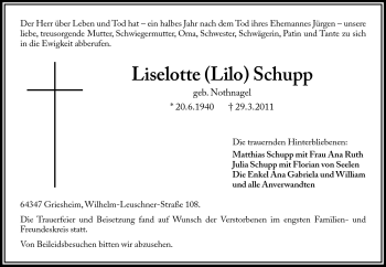 Traueranzeige von Liselotte Schupp von Echo-Zeitungen (Gesamtausgabe)
