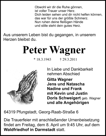 Traueranzeige von Peter Wagner von Echo-Zeitungen (Gesamtausgabe)