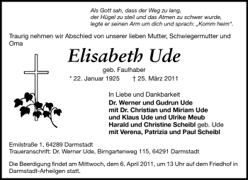 Traueranzeige von Ude Elisabeth von Darmstädter Echo, Odenwälder Echo, Rüsselsheimer Echo, Groß-Gerauer-Echo, Ried Echo