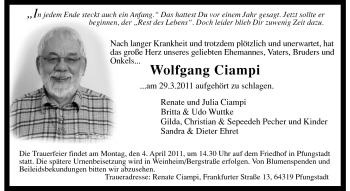 Traueranzeige von Wolfgang Ciampi von Echo-Zeitungen (Gesamtausgabe)