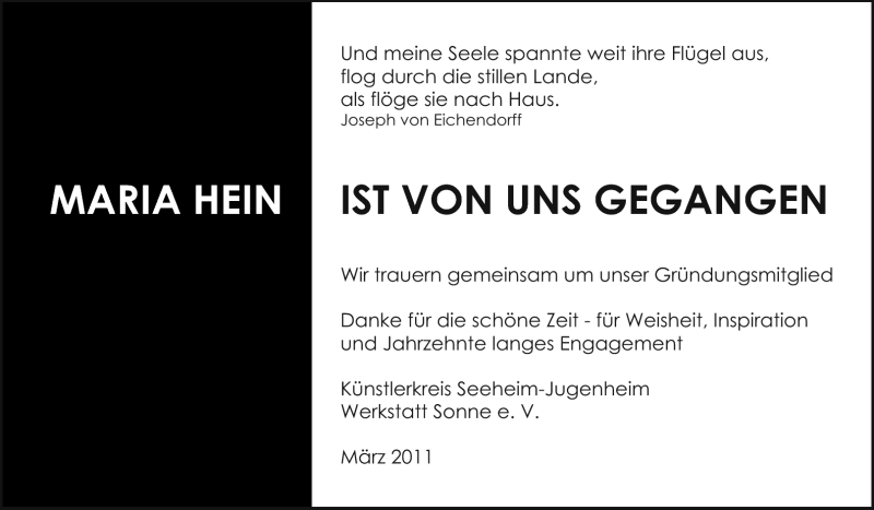  Traueranzeige für Maria Hein vom 02.04.2011 aus Darmstädter Echo, Odenwälder Echo, Rüsselsheimer Echo, Groß-Gerauer-Echo, Ried Echo