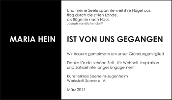 Traueranzeige von Maria Hein von Darmstädter Echo, Odenwälder Echo, Rüsselsheimer Echo, Groß-Gerauer-Echo, Ried Echo