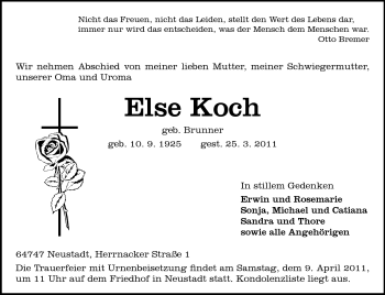 Traueranzeige von Else Koch von Odenwälder Echo