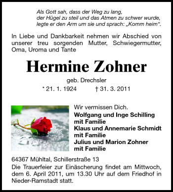 Traueranzeige von Hermine Zohner von Echo-Zeitungen (Gesamtausgabe)