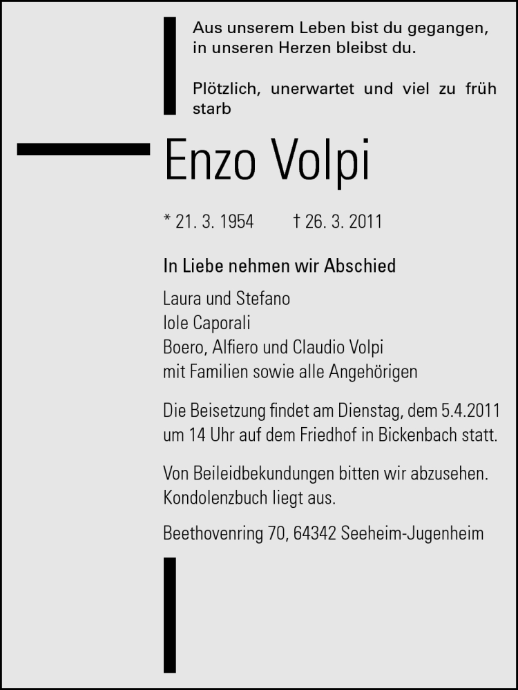  Traueranzeige für Enzo Volpi vom 04.04.2011 aus Echo-Zeitungen (Gesamtausgabe)