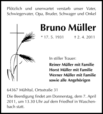 Traueranzeige von Bruno Müller von Echo-Zeitungen (Gesamtausgabe)