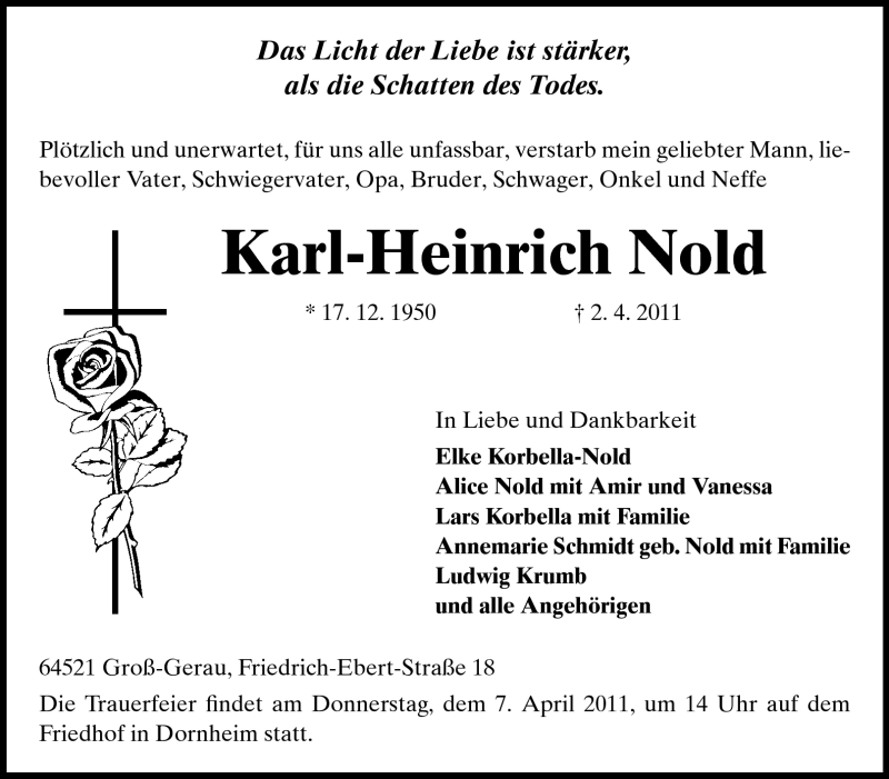  Traueranzeige für Karl-Heinrich Nold vom 04.04.2011 aus Rüsselsheimer Echo, Groß-Gerauer-Echo, Ried Echo