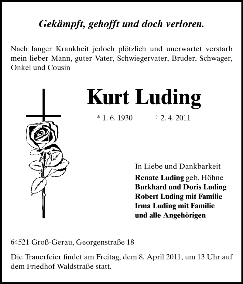  Traueranzeige für Kurt Luding vom 05.04.2011 aus Rüsselsheimer Echo, Groß-Gerauer-Echo, Ried Echo