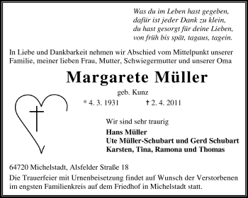 Traueranzeige von Margarete Müller von Odenwälder Echo