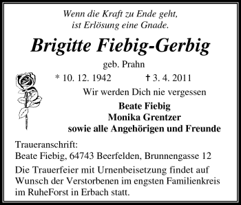 Traueranzeige von Brigitte Fiebig-Gerbig von Odenwälder Echo