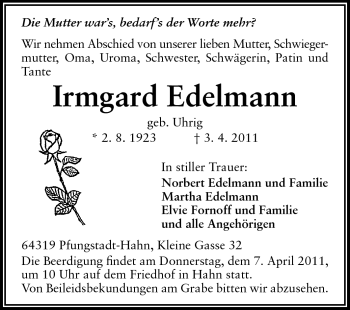 Traueranzeige von Irmgard Edelmann von Darmstädter Echo, Odenwälder Echo, Rüsselsheimer Echo, Groß-Gerauer-Echo, Ried Echo