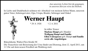 Traueranzeige von Werner Haupt von Rüsselsheimer Echo, Groß-Gerauer-Echo, Ried Echo