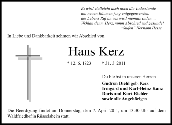 Traueranzeige von Hans Kerz von Rüsselsheimer Echo, Groß-Gerauer-Echo, Ried Echo