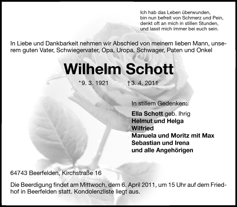  Traueranzeige für Wilhelm Schott vom 05.04.2011 aus Odenwälder Echo