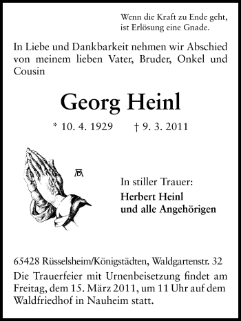 Traueranzeige von Georg Heinl von Rüsselsheimer Echo, Groß-Gerauer-Echo, Ried Echo
