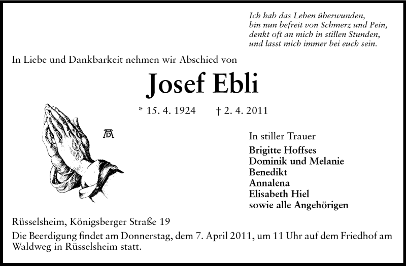  Traueranzeige für Josef Ebli vom 05.04.2011 aus Rüsselsheimer Echo, Groß-Gerauer-Echo, Ried Echo