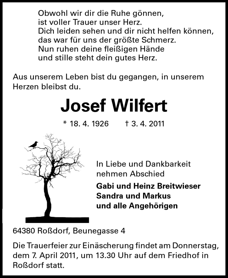  Traueranzeige für Josef Wilfert vom 05.04.2011 aus Echo-Zeitungen (Gesamtausgabe)