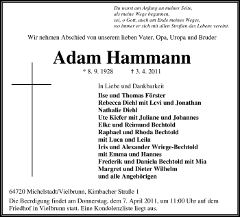 Traueranzeige von Adam Hammann von Odenwälder Echo