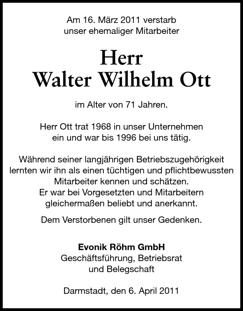  Traueranzeige für Walter Wilhelm Ott vom 06.04.2011 aus Echo-Zeitungen (Gesamtausgabe)