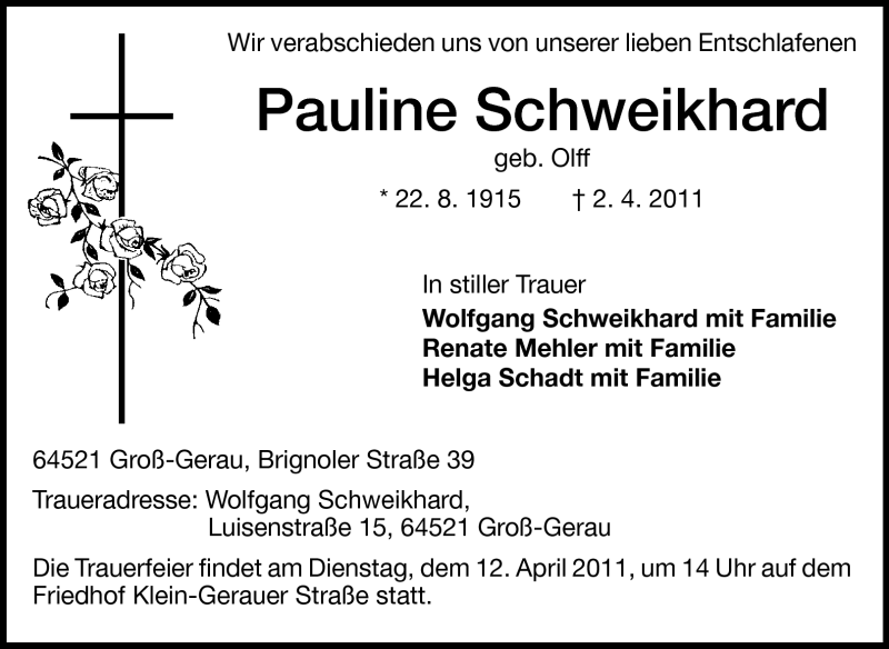  Traueranzeige für Pauline Schweikhard vom 09.04.2011 aus Rüsselsheimer Echo, Groß-Gerauer-Echo, Ried Echo